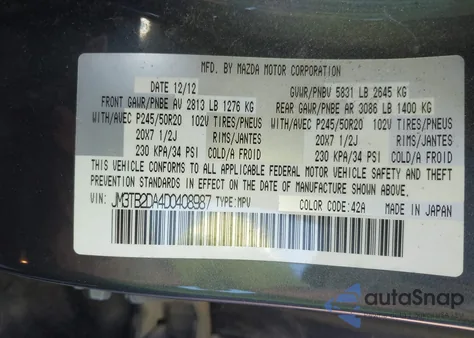 2013 Mazda Cx-9 Grand Touring z USA, uszkodzony, nr VIN JM3TB2DA4D0408987